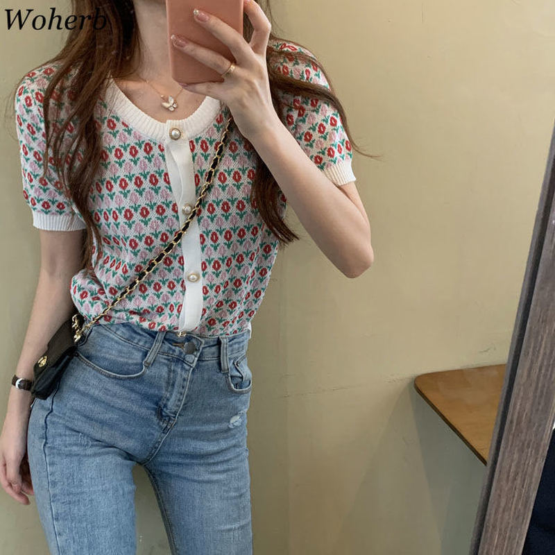 Short Sleeve Crop Top Heavy Jacquard Ice Silk Knitted Cardigan Summer Single Breasted Thin Tops Fashion Clothing 210519