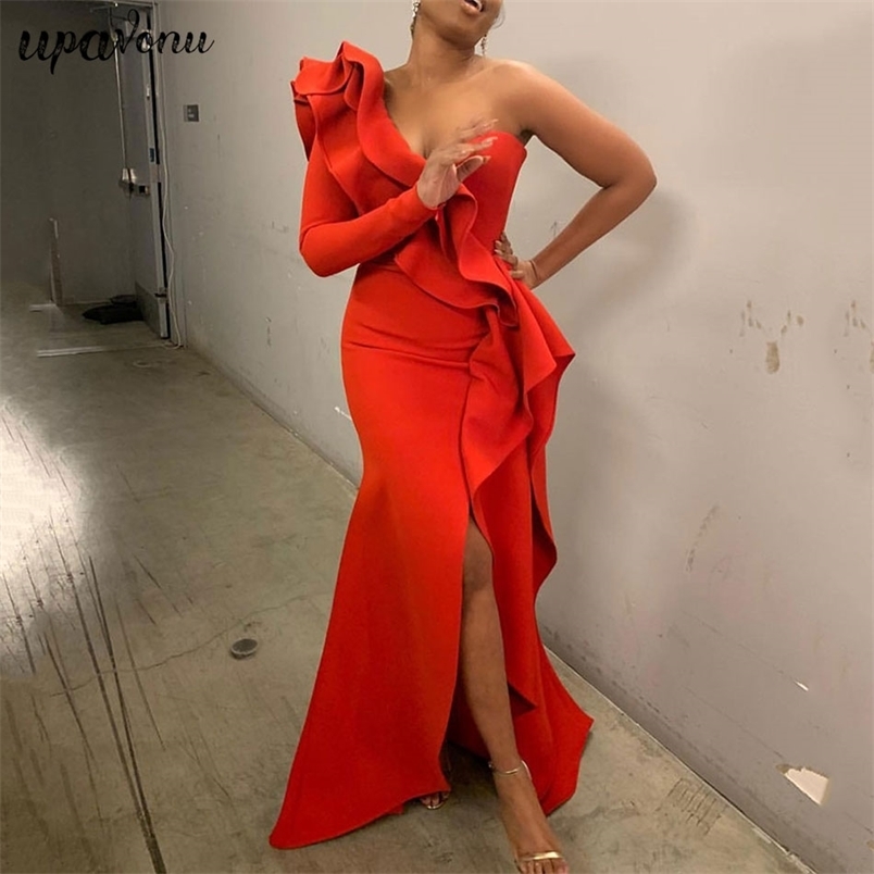 Free Elegant Party Dress Sexy Evening Women Long es One Shoulder Bodycon Split Female Ruffles Maxi Red 210524