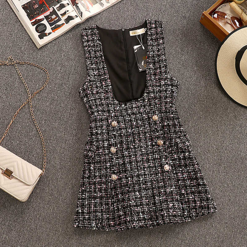 Autumn Winter 2 Piece Set Overalls Dress Women Elegant Ruffles Chiffon Bow Shirt Top+Double Breasted Plaid Tweed Vest Dress 210630