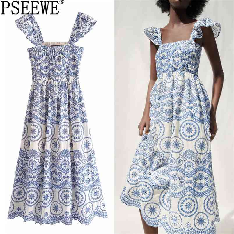 Summer Long Dress Women Blue Embroidery Cut Out Midi Woman Vintage Ruffle Straps Backless Boho Casual es 210519
Summer Long Dress Women Blue Embroidery Cut Out Midi Woman Vintage Ruffle Straps Backless Boho Casual es 210519