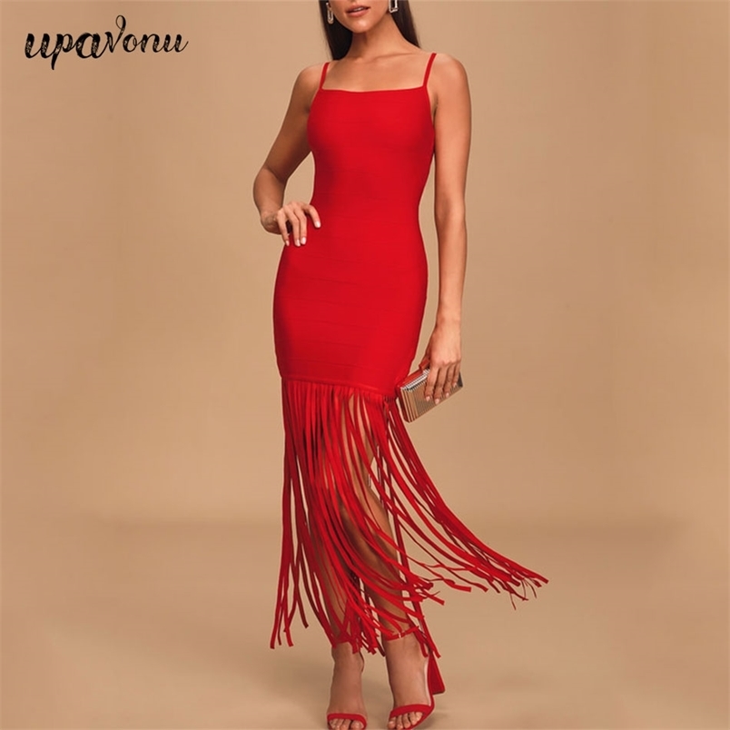 Free Women's Fringed Bandage Dresses Red Sexy Spaghetti Strap Sleeveless Bodycon Club Party Vestidos 210524