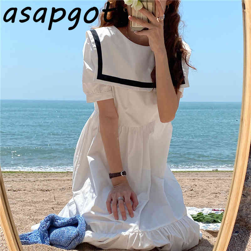 Summer Big Swing White Contrast Color Puff Short Sleeve Ruffles Sailor Collar Dress Women Loose Preppy Style Student Chic Wild 210429