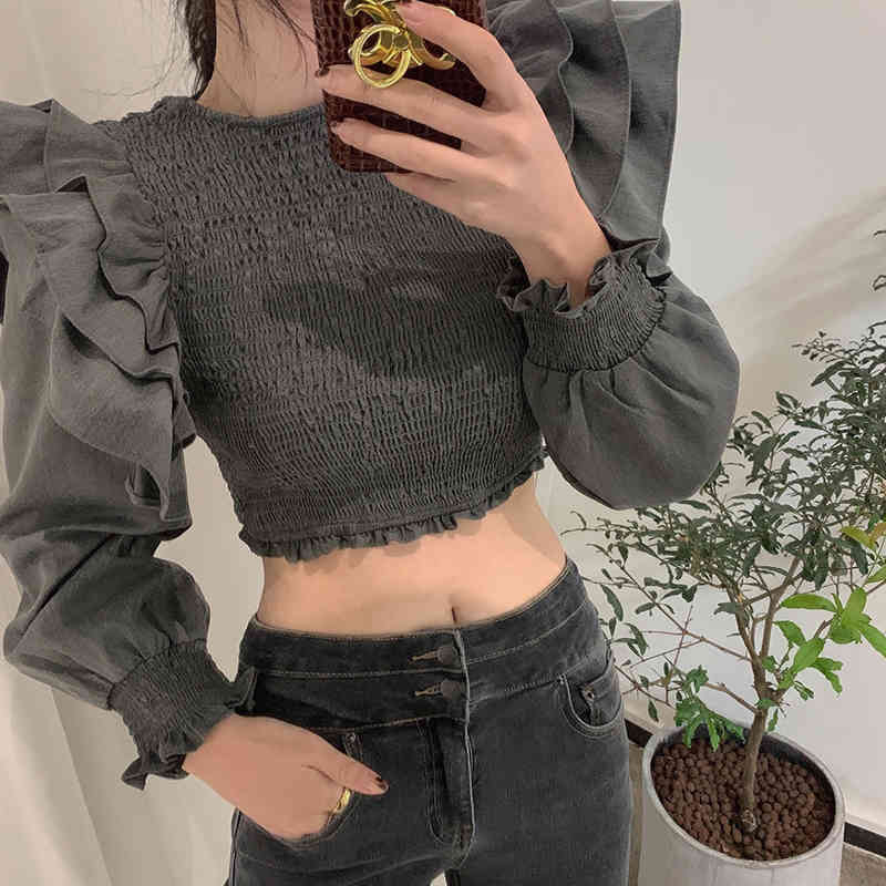 Nomikuma Korean Ruffle Patchwork Long Sleeve Blouse Stretch Slim Short Women Shirt New Causal O-neck Femme Blusa Top 6E710 210427