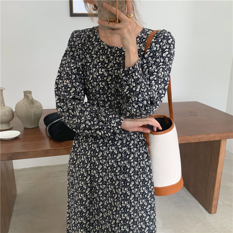 Spring Autumn Women Ladies Sleeve Boho All-Match O Neck Floral Print Robe Medium Long T-Shirt Dress T0D24C 210416