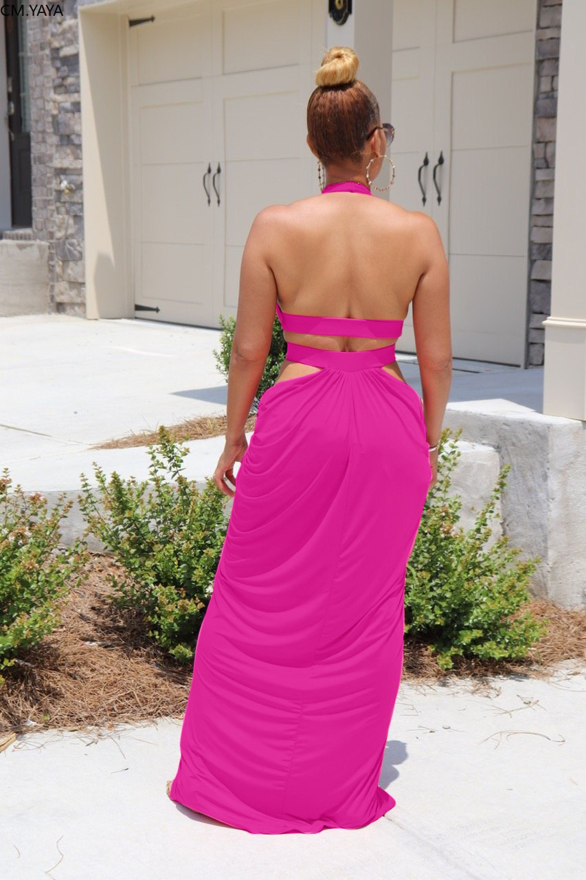 CM.YAYA Women Halter V-neck Open Back Split Irregular Maxi Dress Sexy Party Club Floor Length Beach Long Dresses Vestidos 210409