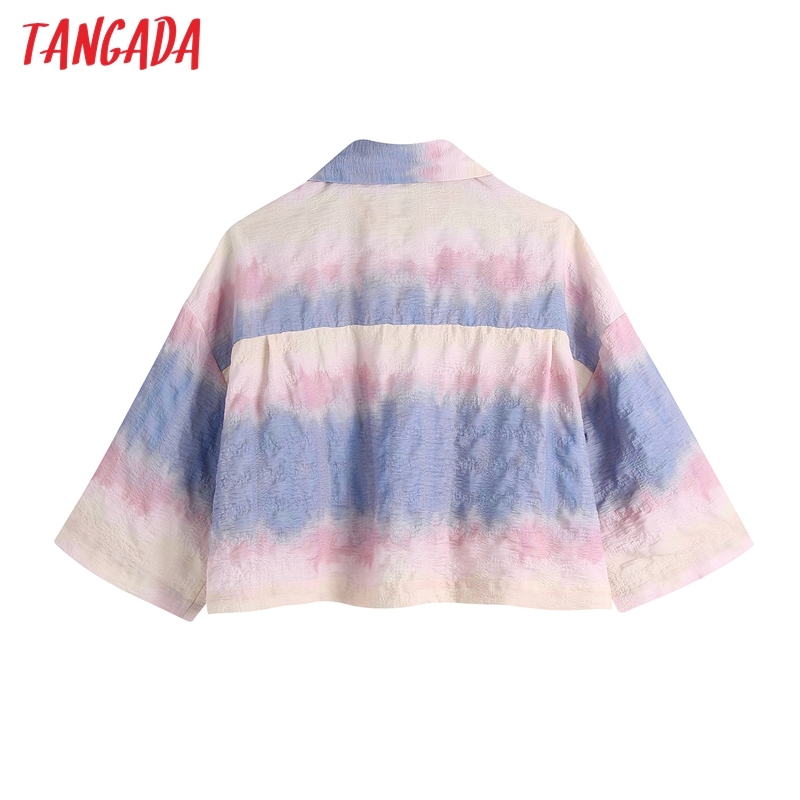 Fashion Women Pockets Tie-dye Cropped Blouses Vintage Short Sleeve Female Shirts Chic Tops BE516 210416
