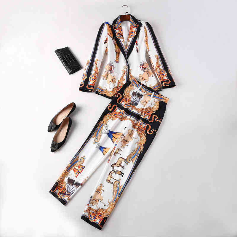HIGH STREET Fashion Stylish Deesigner Runway Suit Set Women's Retro Print Single Button Floral Blazer Pants 210521