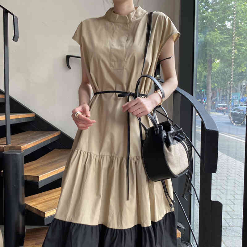 Contrast Patchwork Dress Women's Summer Stand Collor Lace Up Waist Loose Swing Short Flying Sleeve Dresses 210427
