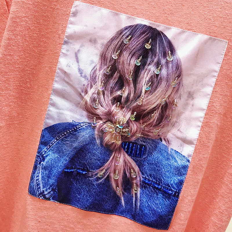 Poleras Mujer De Moda Print Sequins T Shirt Women Tshirt Female Summer Tops T- Korean Fashion Cotton Tee Femme 210615Z