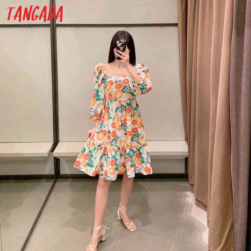 Fashion Women Fruit Print Puff Sleeve Casual Female Summer Knee Dress 2W79 210416