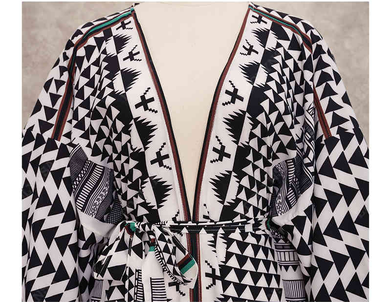 Multicolored Bikini Cover-ups Sexy V-neck Long Sleeve Boho Summer Beach Dress Plus Size Beachwear Swimsuit Cover Up Q1086 210420