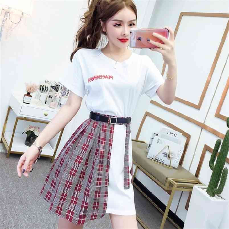 Fashion Solid Color Suits White Cotton T-shirt Dresses + Plaid Mini Skirt Two-piece Set Summer Women Clothes 210519