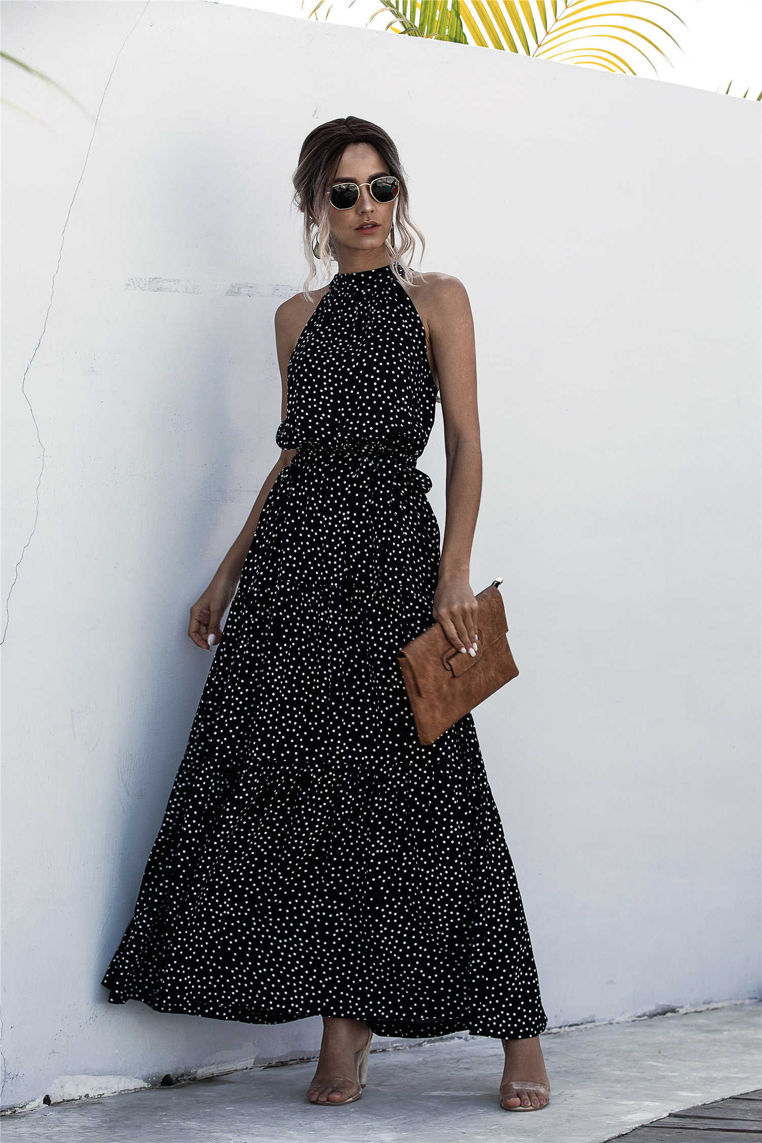 Summer Long Dress Polka Dot Casual Midi es Black Halter Strapless Yellow Sundress Vacation Clothes For Women 210623 - view 3