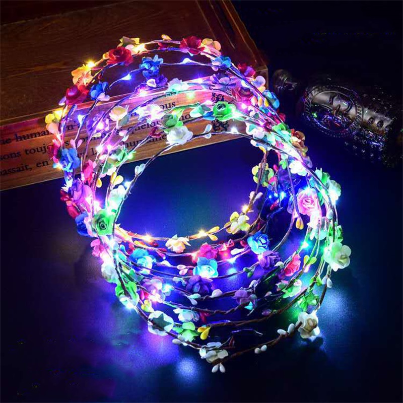 

LED Light Up Flower Crown Flashing Garlands Head Band Clasps Floral Head Hoop Fairy Hairband Headwears Wedding Chirstmas Party Decor 2016 Y2