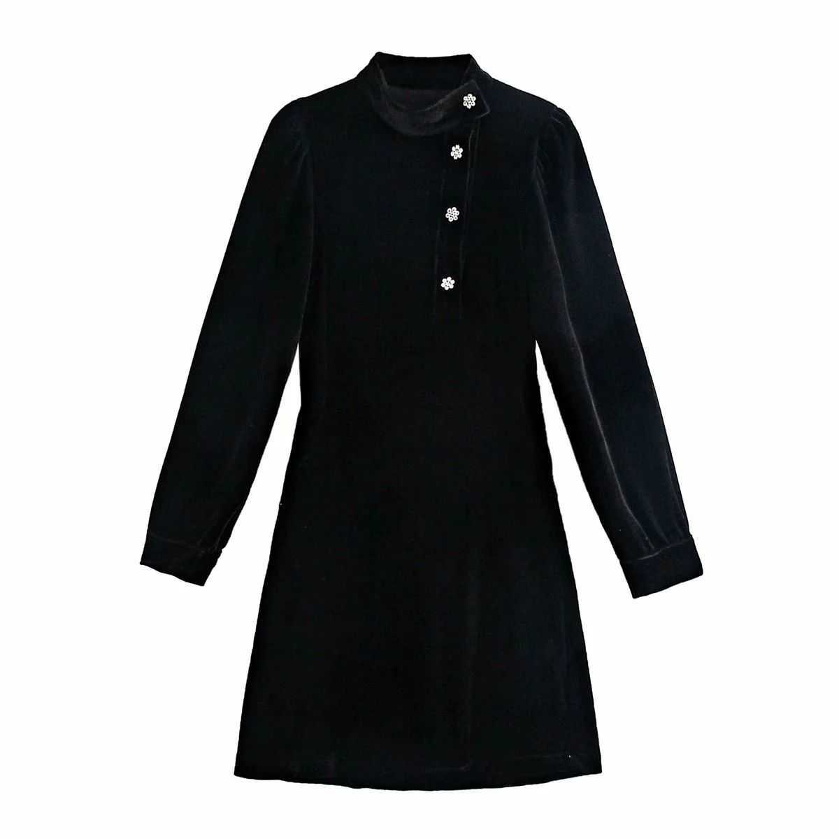Women Velvet Dress Gem Buttons Long Sleeves Short Mini Dress Elegant Chic Lady Fashion Woman Dresses 210709