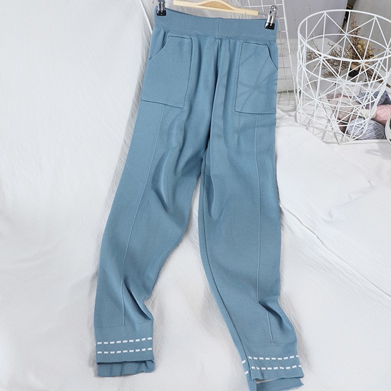 Women Stylish Suit Lady Chic V Neck Zipper Long Sleeve Coats Causl Pants Solid Knitting 2 Piece Set Autumn Winter 210506