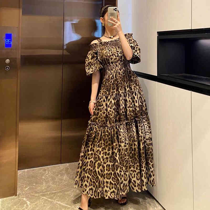 Leopard Print Sling Dress For Women Square Collar Short Sleeve High Waist Sexy Midi Dresses Female Summer 210520
