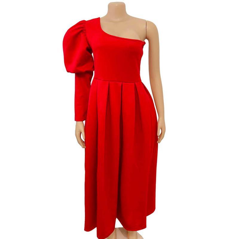 Women Dress Temperament Party es One Shoulder Long Sleeve Large Hem Maxi Solid High Waist es 210513