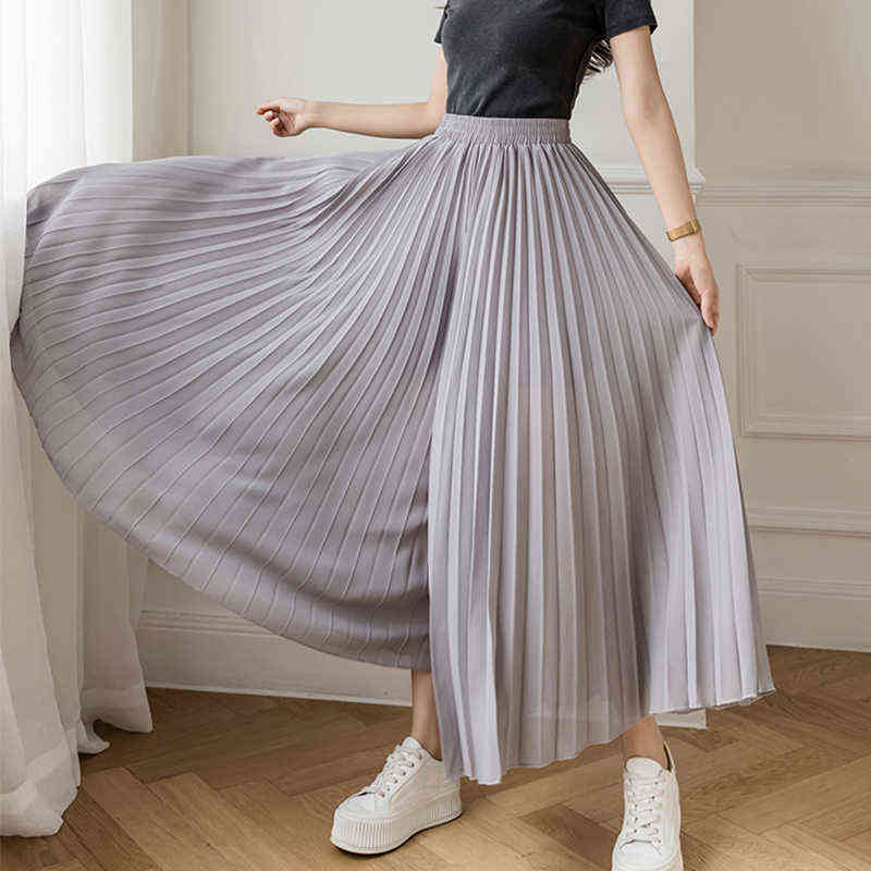 Women Summer Autumn Pleated Loose Pants Fashion Female Chiffon Elastic Waist Skirt Black Blue Wide Leg Femme 211124Z