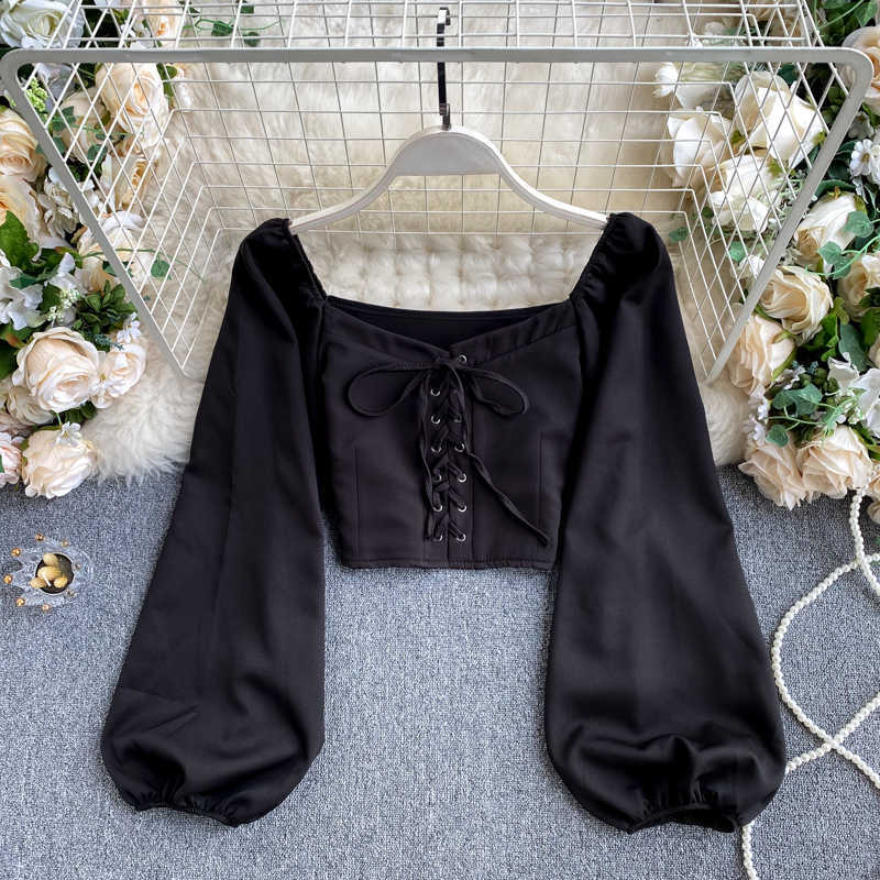 Lady Long Sleeve Short Tops Women Autumn Shirt Fashion Solid Color Sexy Blouse Vintage Clothing P525 210527