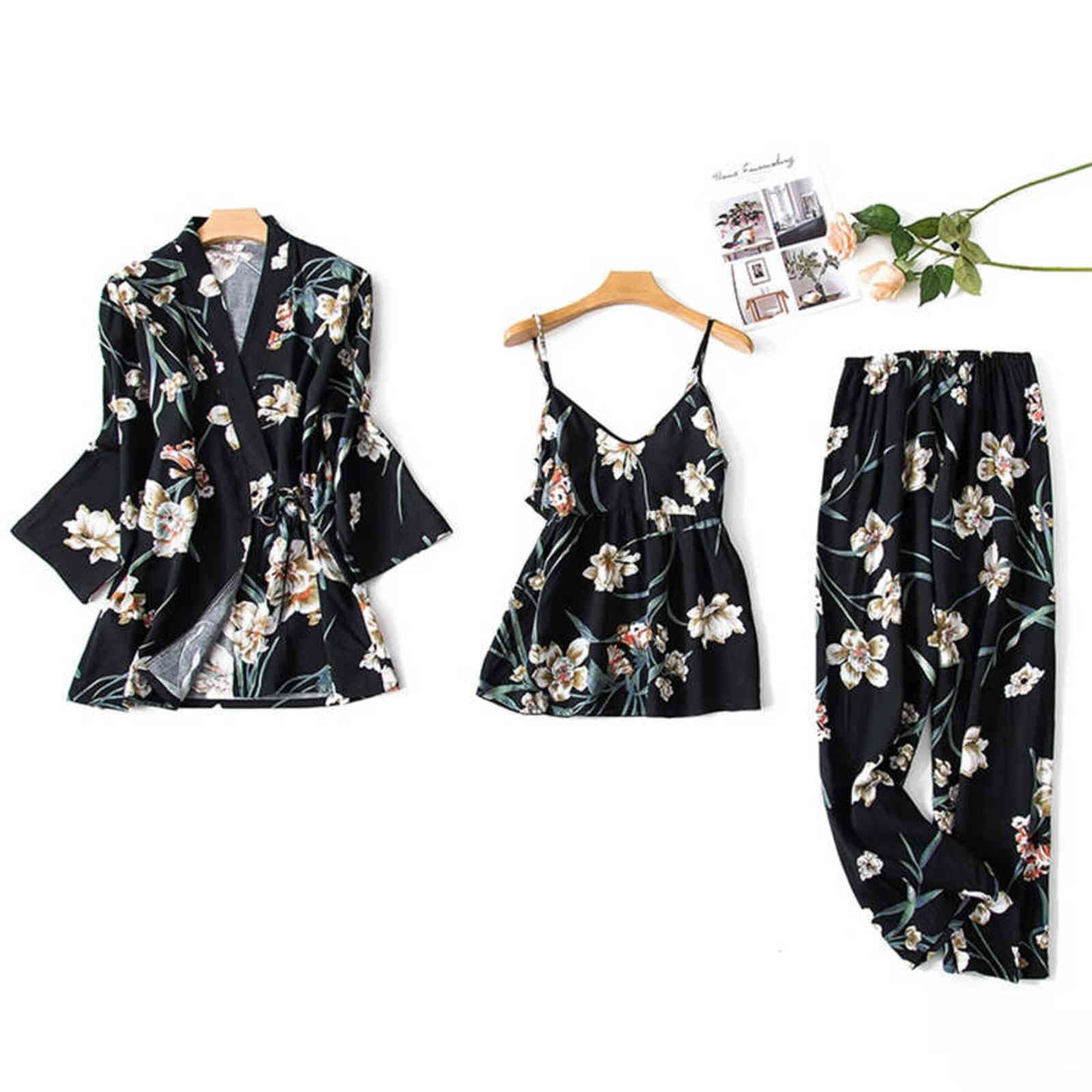 Satin Pajamas for Women 3Pcs Pjs Home Wear Clothes Print Floral Cotton Ladies Sexy Loose Sleep Nightwear Sets 211112