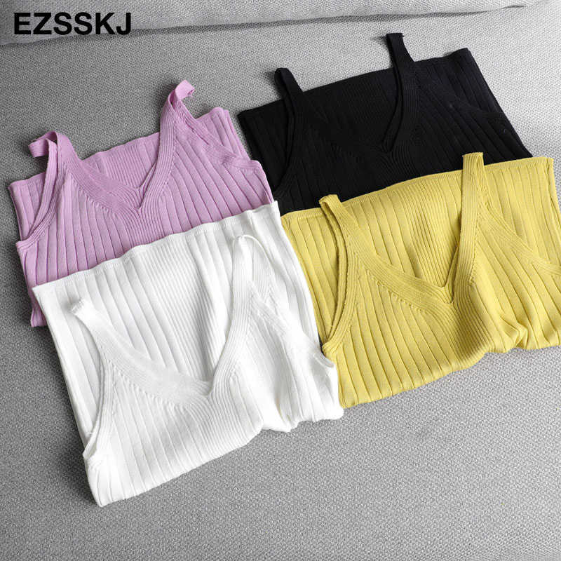 cotton v-neck knit camis Summer Slim Women BAISC Tops female short female Sexy solid casual sleeveless t-shirt top 210625