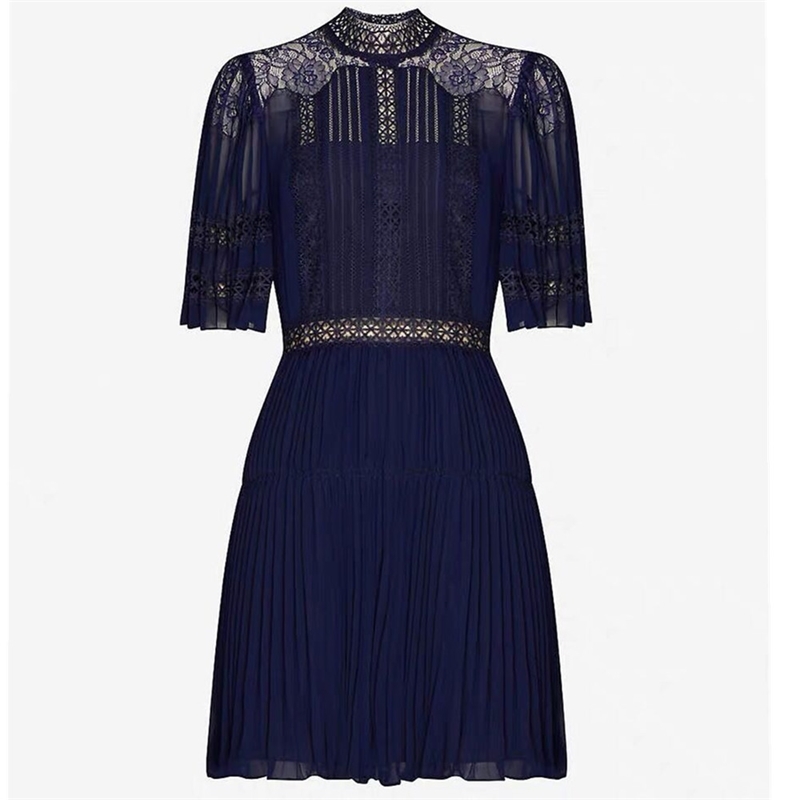Arrival Fashion Dark Blue Summer Short Dress Women Hollow Out Lace Patchwork Chiffon Pleated Dresses Vestidos 210520