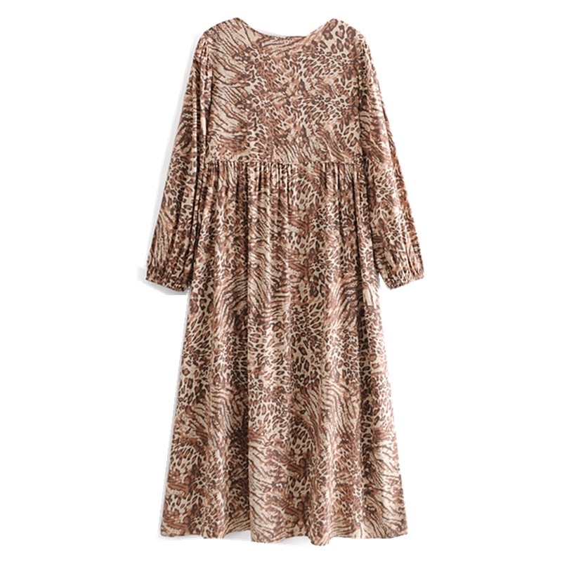 Bohemia Bandage Lacing up Collar Contrast color Leopard Print Dress BOHO Woman Long Sleeve Maxi Holiday Dresses Beach 210429