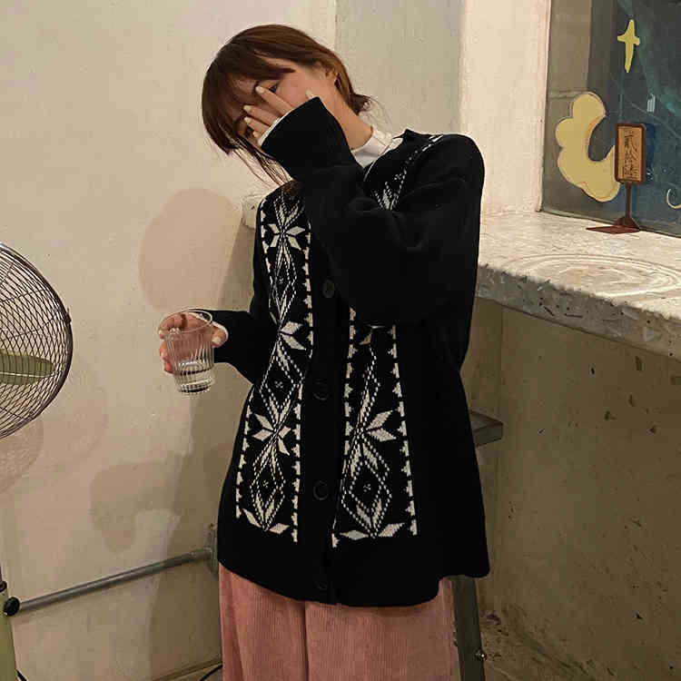 spring autumn korean style knittd cardigans womens loose Vintage sweaters cardigan womens Outwear Coats (F1475) 210423