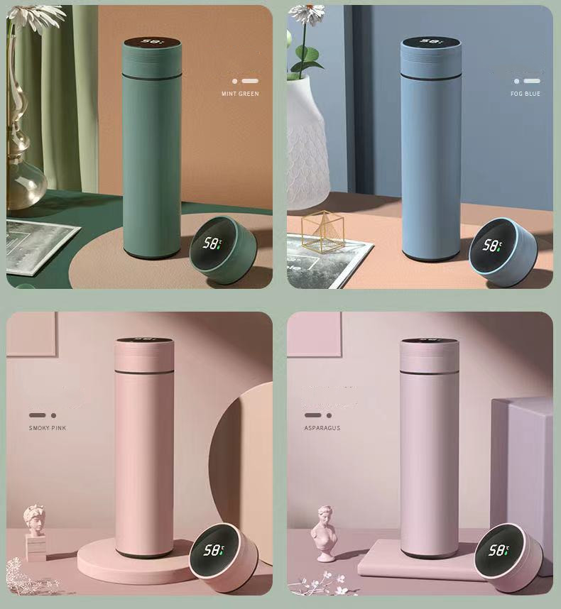 Vacuum Cup with Temperature Display Tea Brewing Coffee Car Cup 16.2oz 480ml Stainless Steel Water Bottle Macaron Color Style