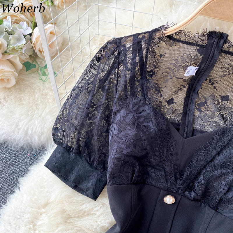 Bodycon Dress Chic Lace Patchwork Mini for Women V-neck Puff Sleeve See Through Vestidos Sexy Black Slim Robe 210519