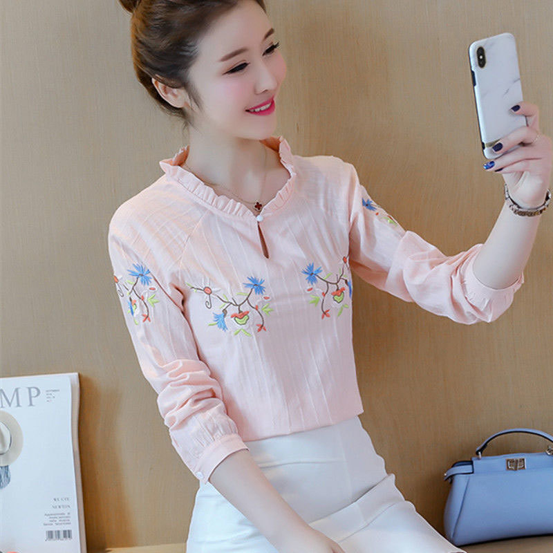 Spring Summer Korea Fashion Women Shirt Plus Size Long Sleeve Floral Embroidery Blouse Loose Casual Cotton Ladies Tops D121 210512
