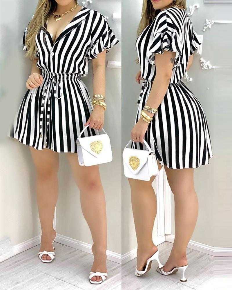 Striped Colorblock Ruffles Shirt Dress Women Short Sleeve V Neck Mini Work Dress 210630