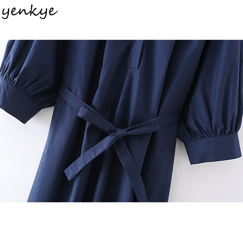 YENKYE Fashion Women Spring Vintage Solid Color Dress Female Long Sleeve V Neck Sashes Midi Casual Loose Dress Plus Size 210515