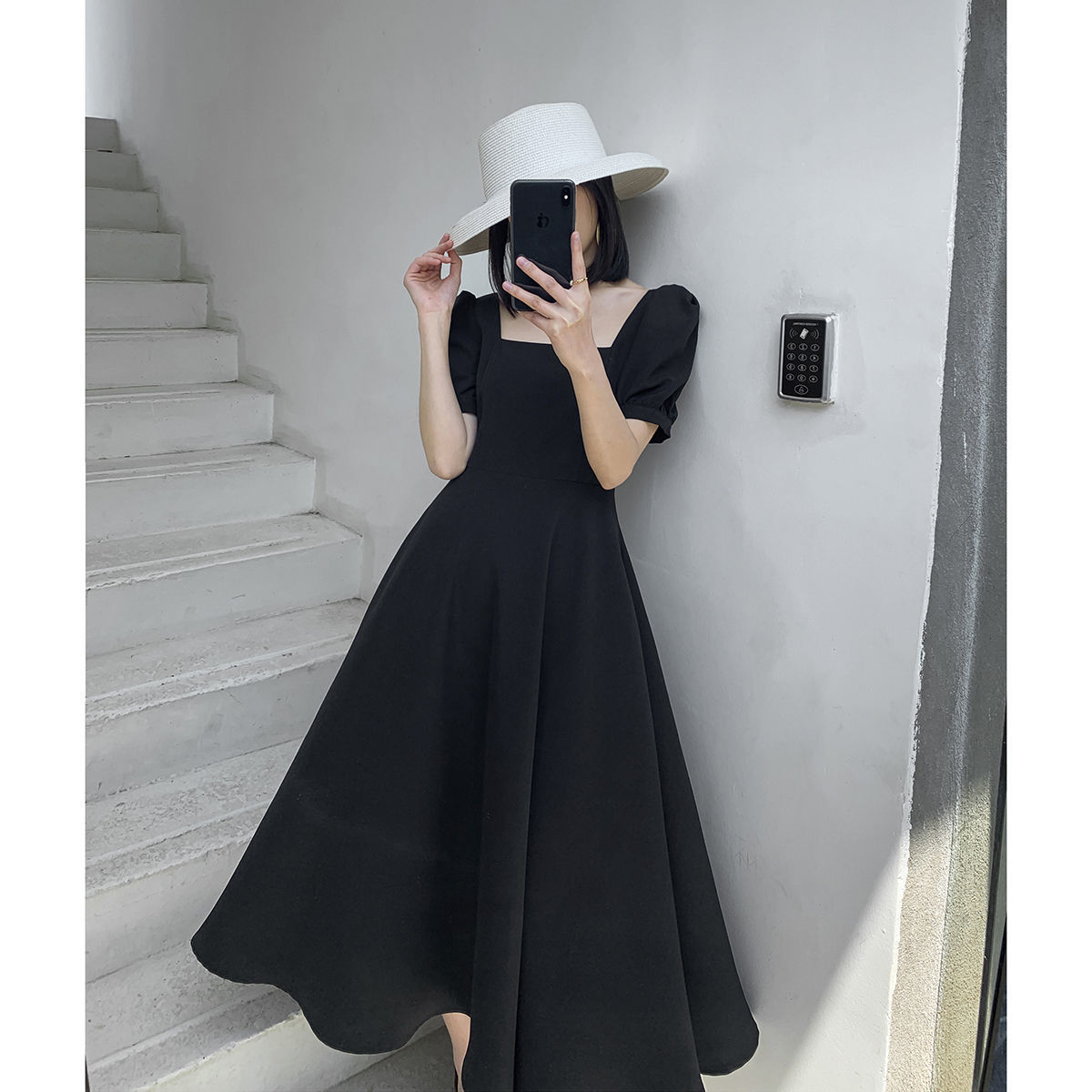 Square Collar Black Casual Dresses for Women Short Sleeve Elegant Midi Dress Dress Korean Office Lady Summer Chic 210521