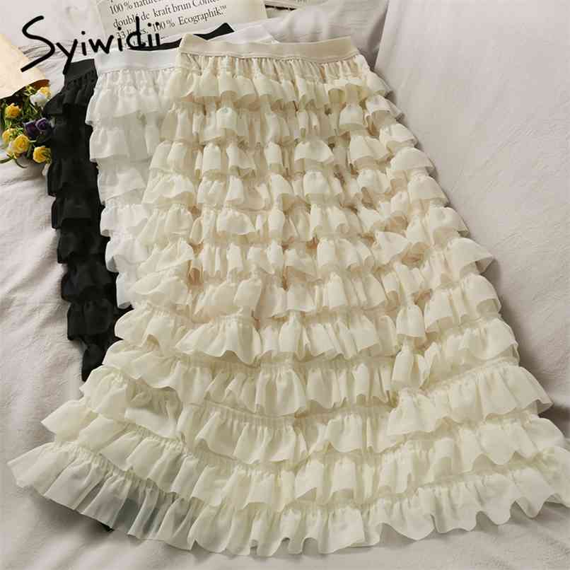 Ruffles Skirt Women High Waist Casual A-Line Mid-Calf Solid White Black Spring Summer Korean Fashion Cake Skirts 210607
Ruffles Skirt Women High Waist Casual A-Line Mid-Calf Solid White Black Spring Summer Korean Fashion Cake Skirts 210607