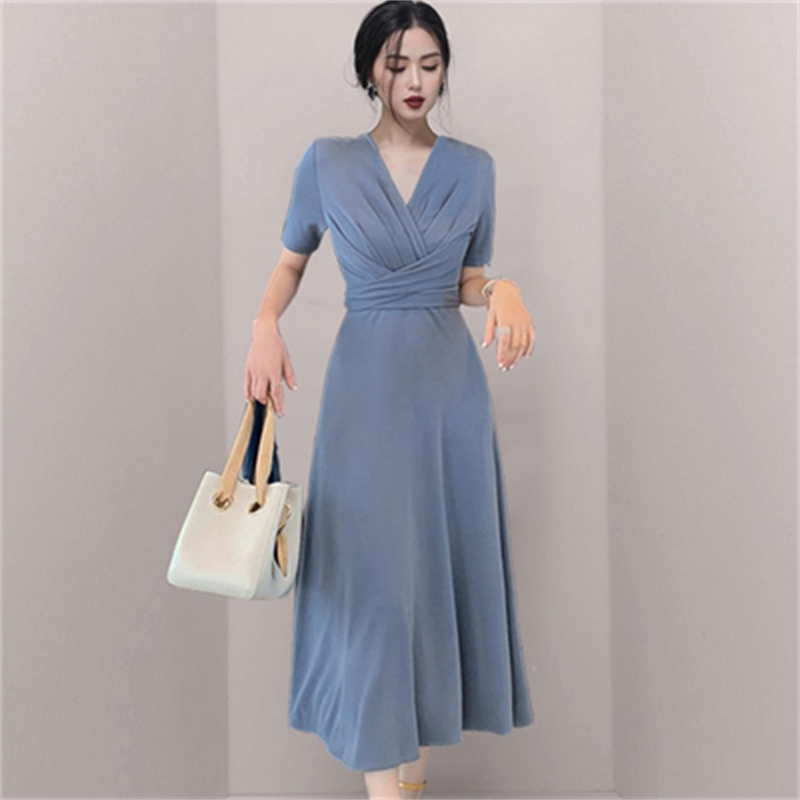 Fashion Elegant Dress Women Solid Color V Neck Short Sleeve Plated Swing Party Banquet 210520