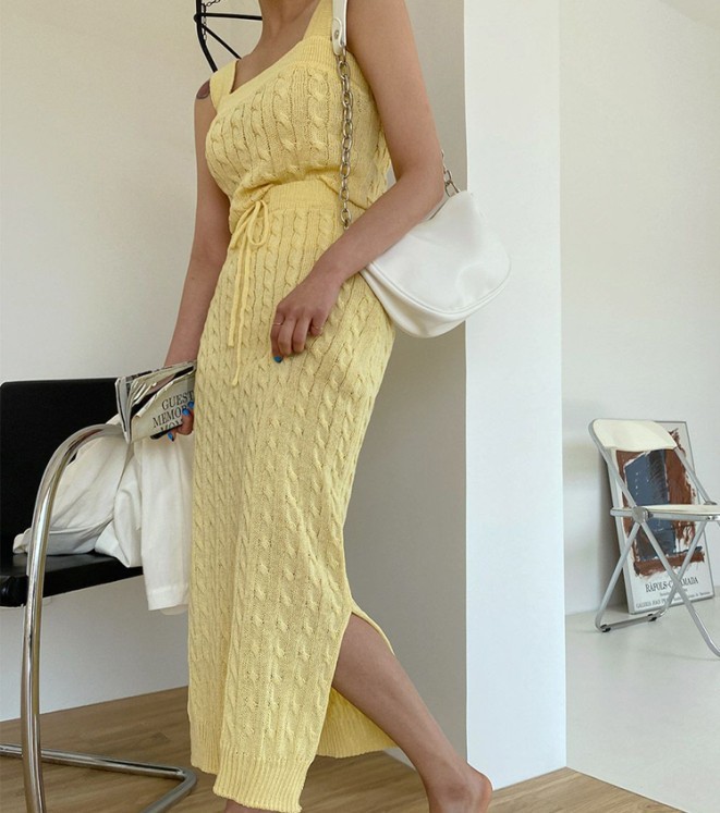 Women Summer Vintage Two-Piece Set Casual knit Vest Sexy Top + High Waist Bodycon Split Skirts Outfits Female 210518