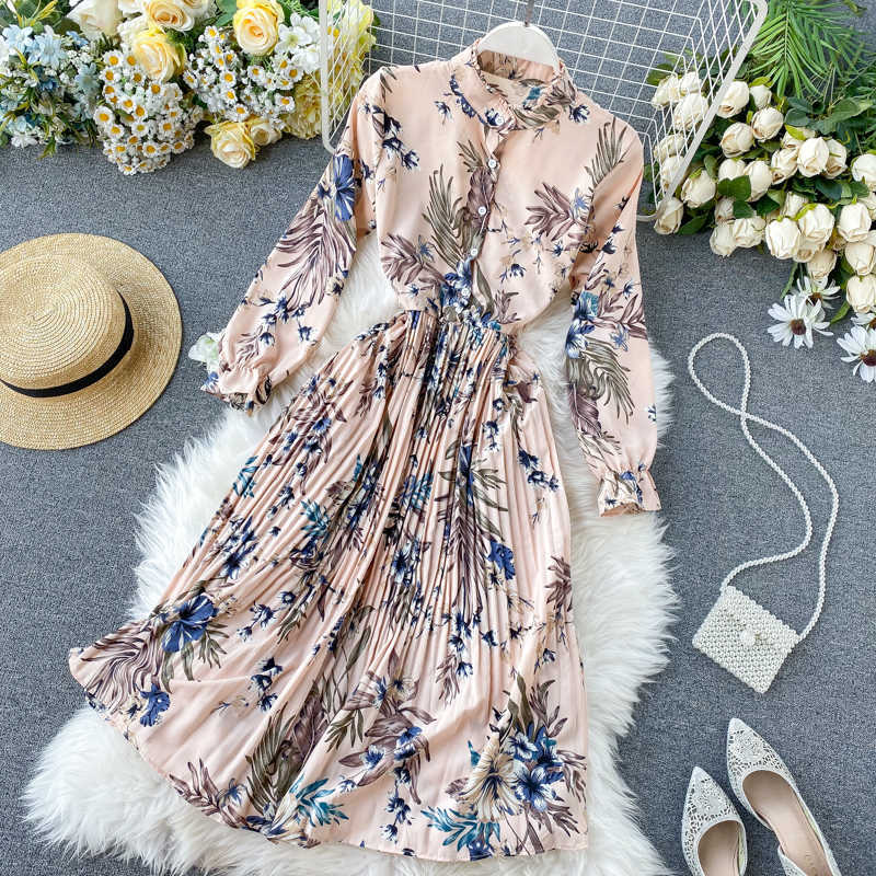 Holiday Women Fashion Autumn Dress Lady Stand Collar Thin Long Sleeve Pleated Printed Vestidos K597 210527