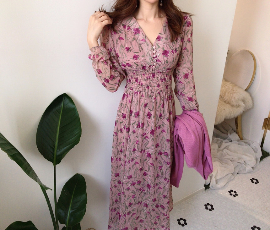 Elegant Women Chiffon Dress Autumn Fashion Female Long Sleeve Vintage Floral Print High waist Casual Chic Dresses 210518