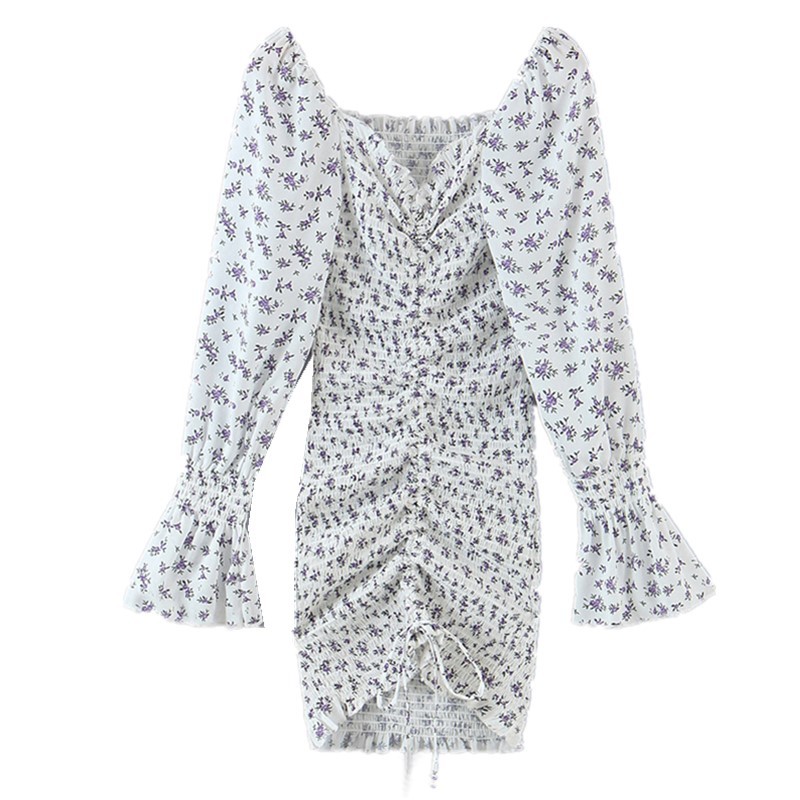 Package Hips Floral Print Long sleeve Dress Elegant Women Adjust Rope Front Slim Elastic Ruched Short Party Dresses 210429