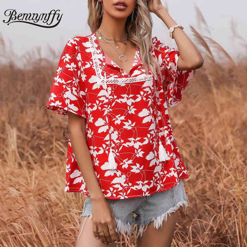 Tassel Tie Neck Chiffon Loose Blouses Women Summer Boho Print Short Sleeve Ladies Tops Holiday Casual Lace up Blouse 210510