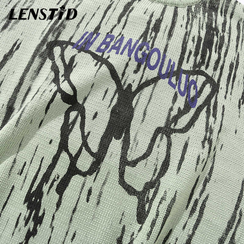 LENSTID Men Hip Hop Knitted Jumper Sweaters Butterfly Ink Graffiti Streetwear Harajuku Autumn Oversized Hipster Casual Pullovers 210818