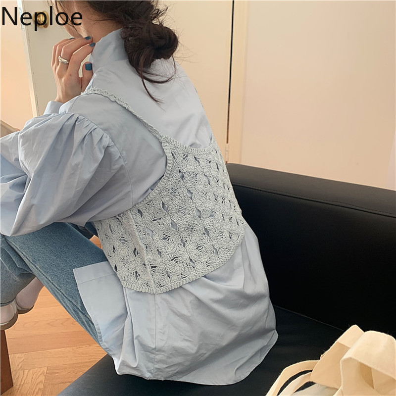 Neploe Two Piece Set Women Spring Suit Loose Shirt Tops Knitted Hollow Out Short Vest Korean Fashion 2 Piece Set Female 210422