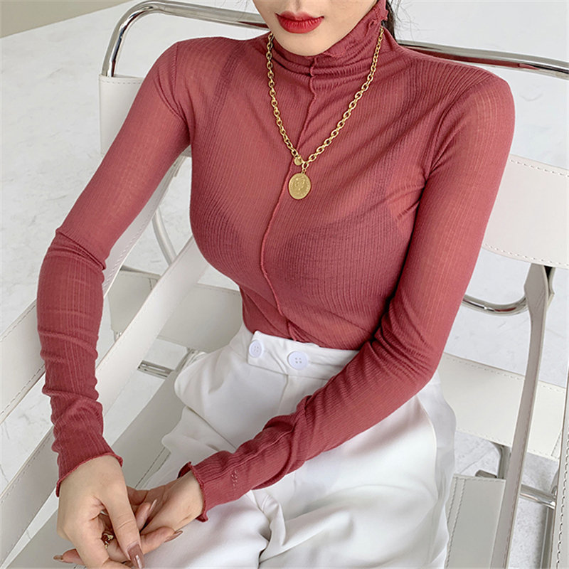 Brief Tops Ruffles Full Sleeves Plus Size Female All Match Turtleneck Solid Basic Women Autumn Slim T-Shirts 210421