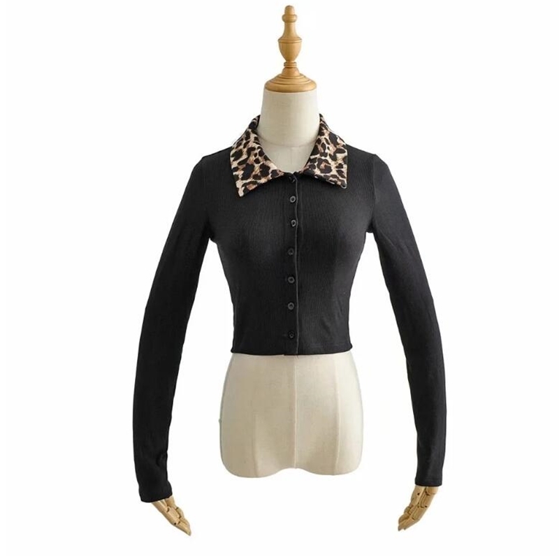 Y2K Stylish Black Leopard Lapel Patchwork Cropped Long Sleeve T-shirt Crop Top Chic Woman Slim Fit t shirt Basic tee 210429
