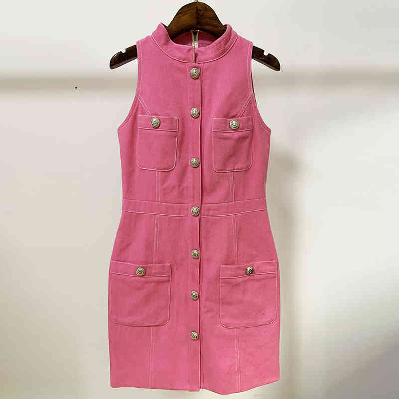 HIGH STREET est Summer Dress Women's Sleeveless Lion Buttons Embellished Denim Tank 210521