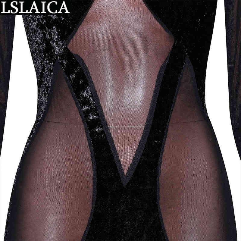 Fashion Jumpsuit Patchwork Jumpsuits for Women Long Sleeve Skinny Sexy Clubwear Mesh See Through Enterizos Para Mujer 210515