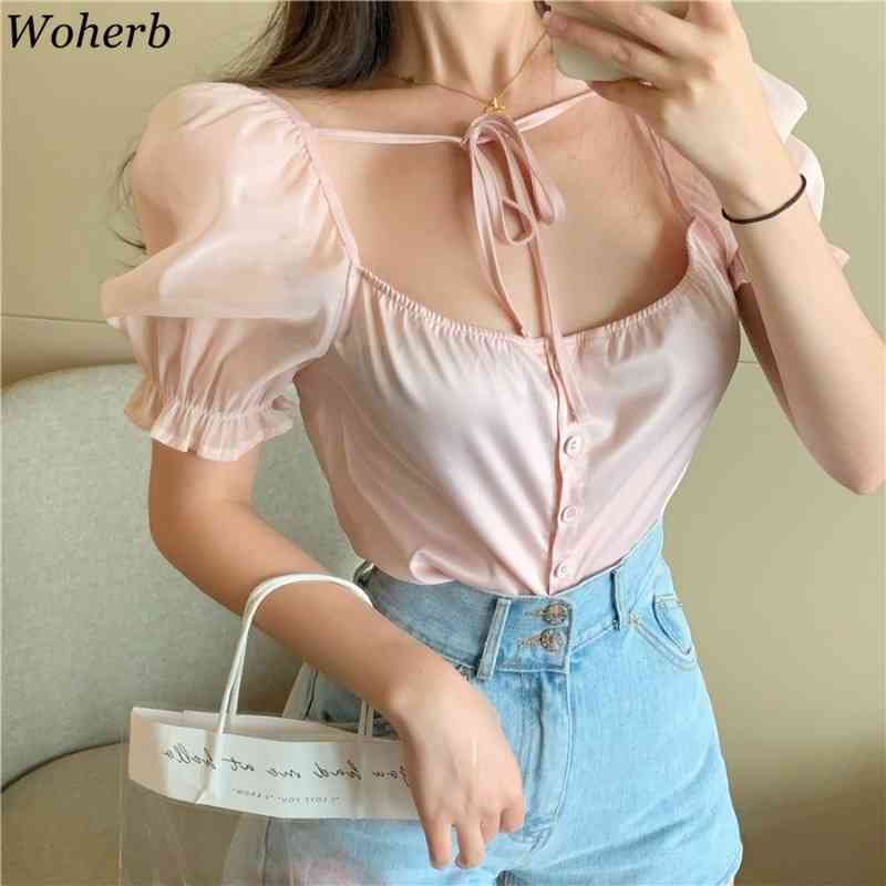 Square Collar Bandage Shirt Korean Elegant Summer Puff Sleeve Blusas Mujer Vintage Women Sexy Blouses Streetwear 210519