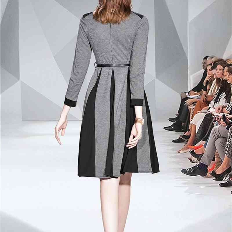 Spring Houndstooth Dress Elegant Long Sleeve Slim Vintage Pleated es Wome Casual Party Vetidos Runway 210520